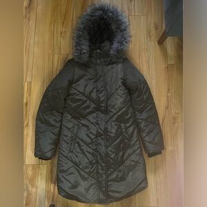 Women's Black Puffer Coat with Faux Fur Hood